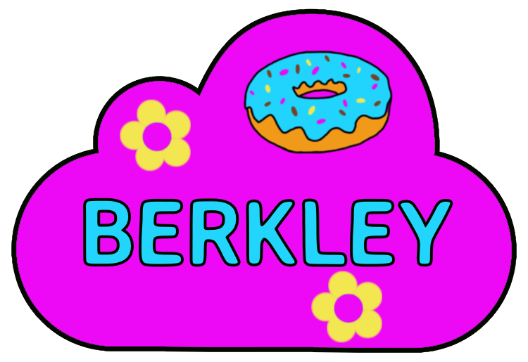 Berkley, pink cloud with yellow daisies and blue-frosted donut