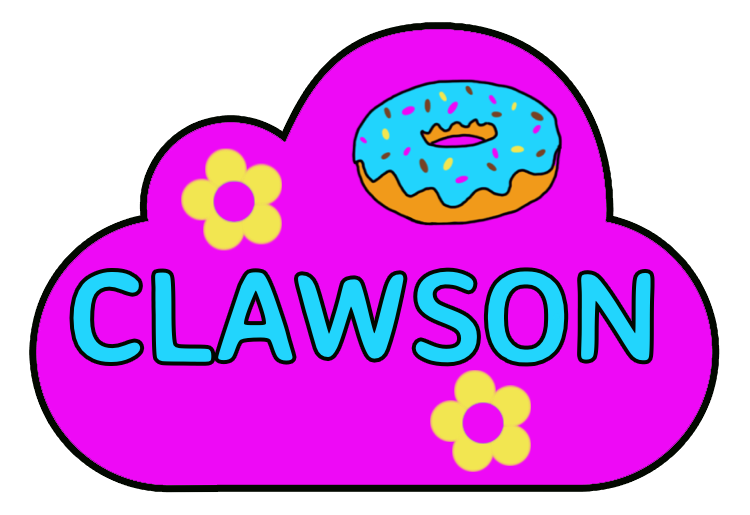 Clawson, pink cloud with yellow daisies and blue-frosted donut