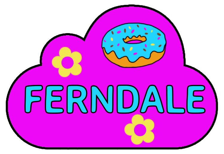 Ferndale, pink cloud with yellow daisies and blue-frosted donut