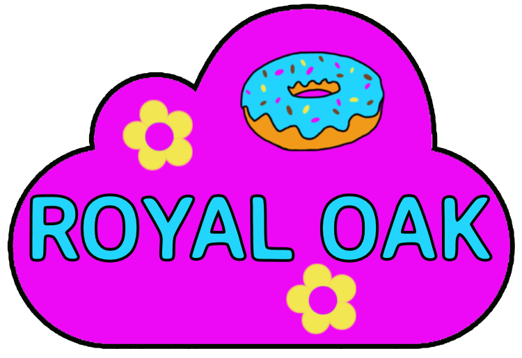 Royal Oak, pink cloud with yellow daisies and blue-frosted donut